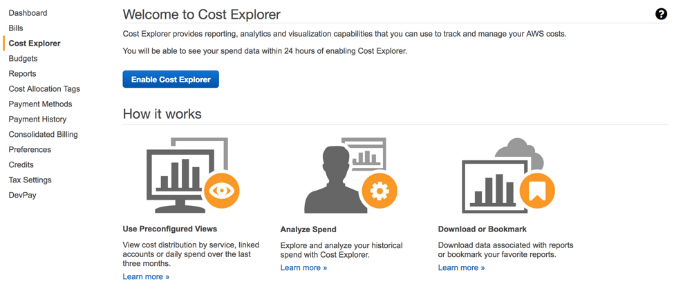 AWS Cost Explorer Welcome Screen