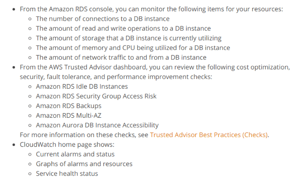 Amazon AWS RDS features list