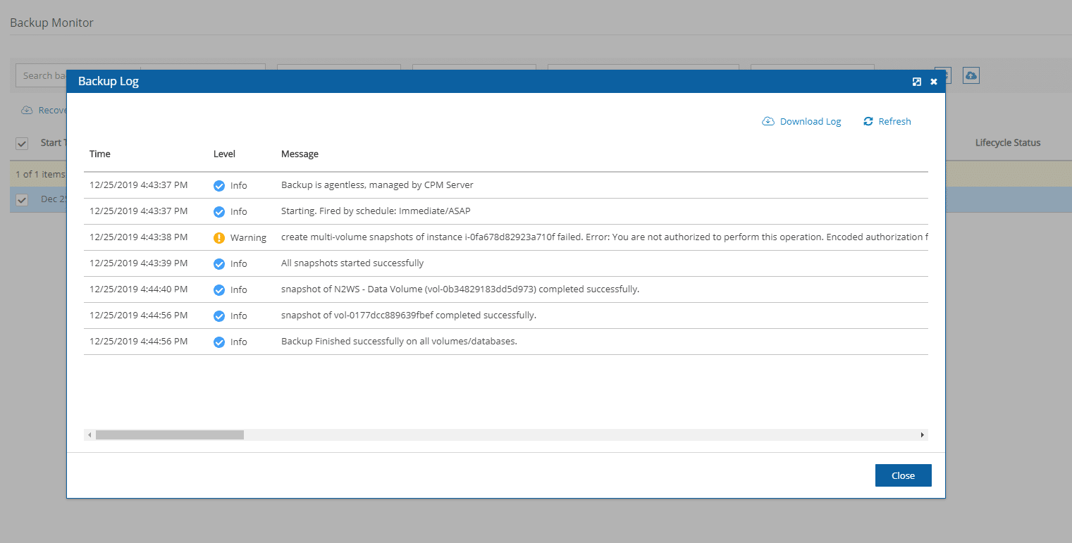 N2WS Backup & Recovery for AWS version 3.0 Screenshot - Backup Log