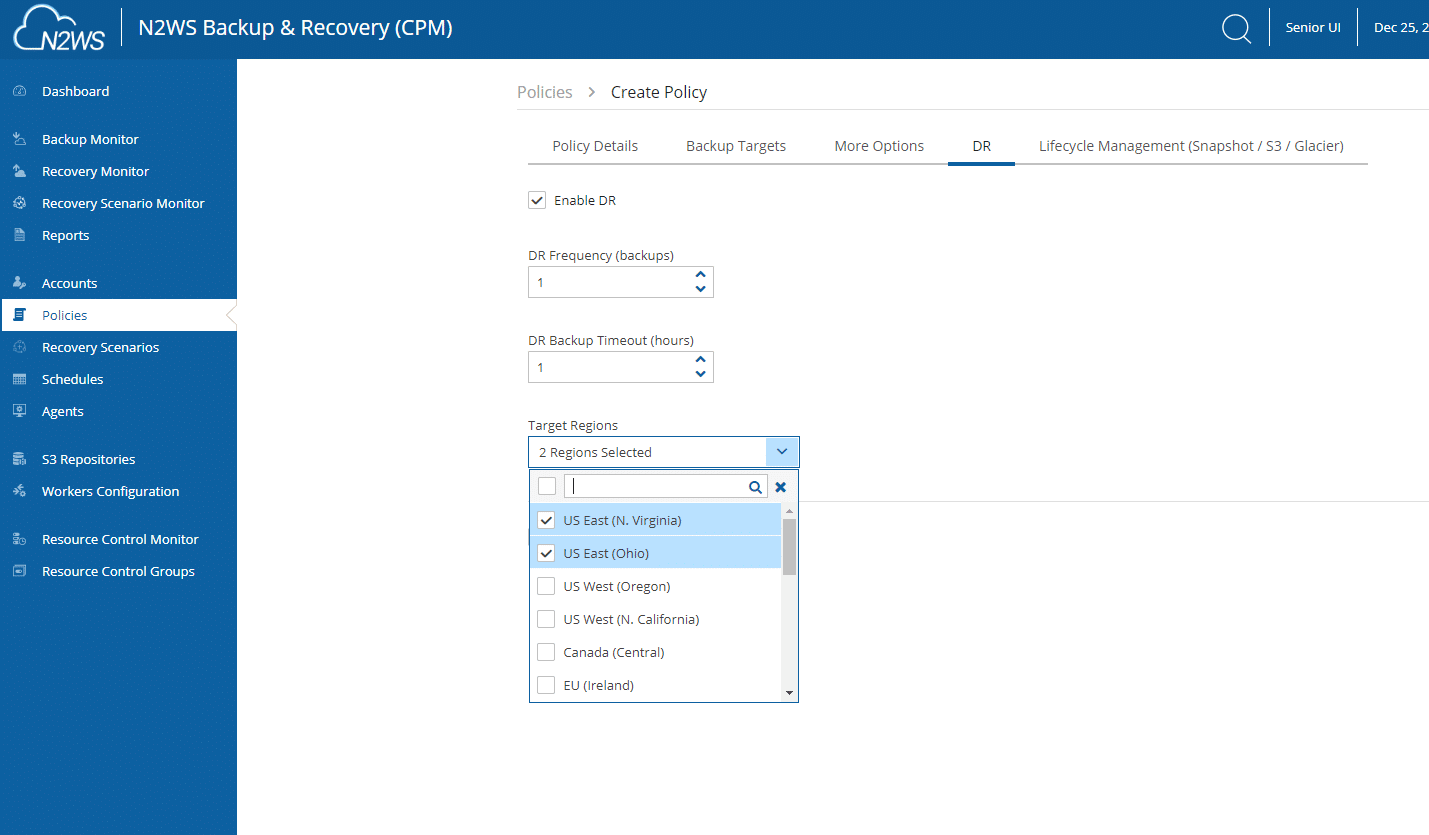 N2WS Backup & Recovery for AWS version 3.0 Screenshot - Disaster Recovery Policy