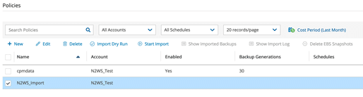 N2WS Policies tab: define target repository