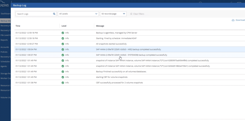 sap hana backup log