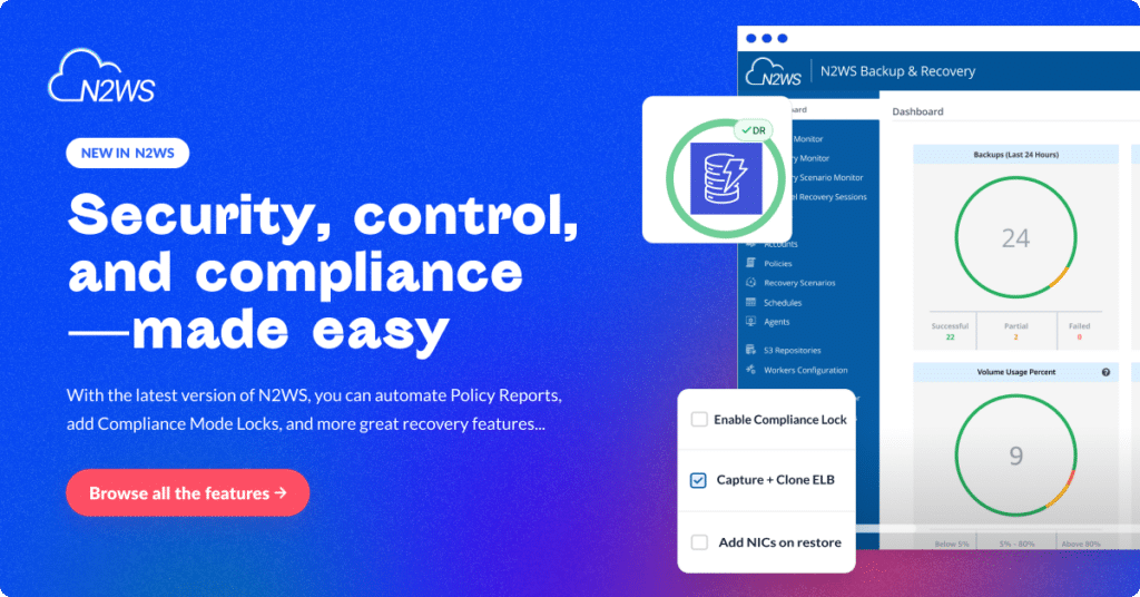 Banner that reads "New in N2WS: Security, control, and compliance—made easy" for N2WS v4.3