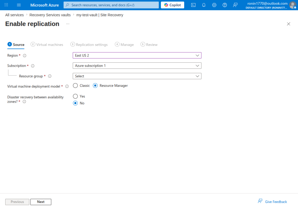 enable replication screen in Azure Site Recovery