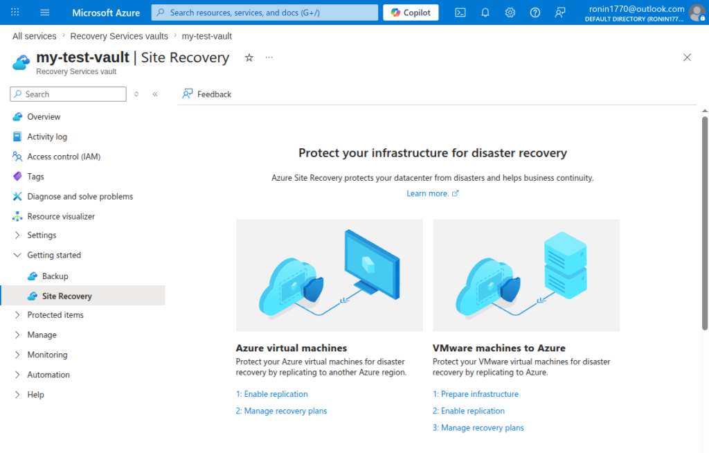 Site Recovery dashboard in Microsoft Azure