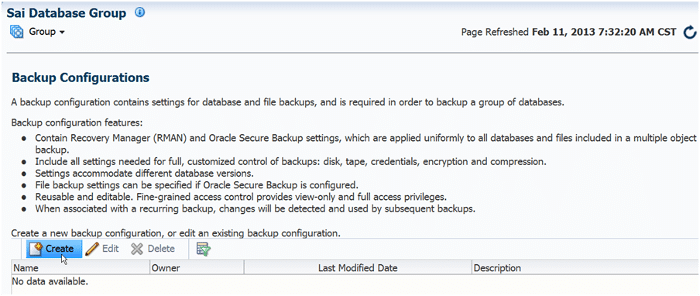 oracle backup configuration screen