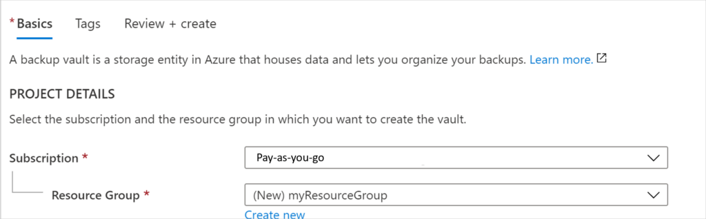 screenshot of Azure Backup Vault: new resource group