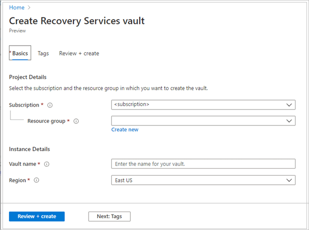 Screenshot from creating a recovery services vault