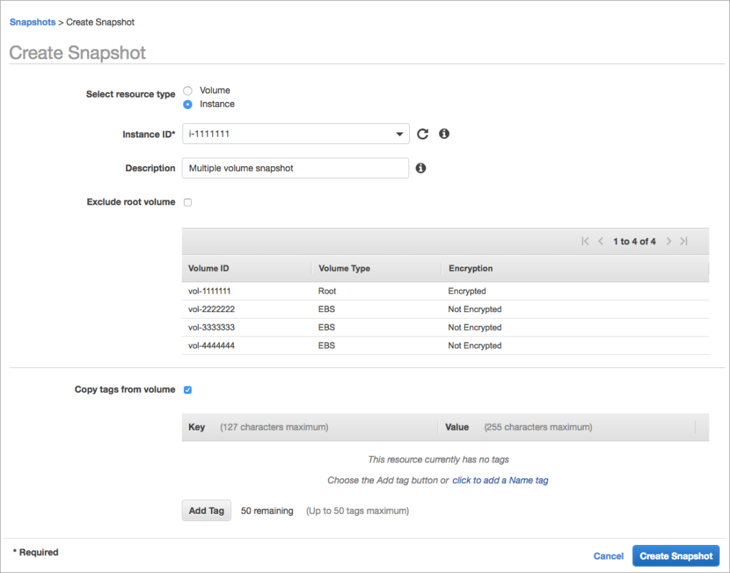 screenshot of creating a snapshot