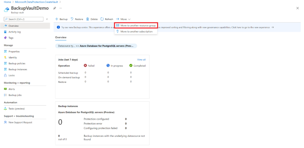 screenshot of moving to another resource group in Azure