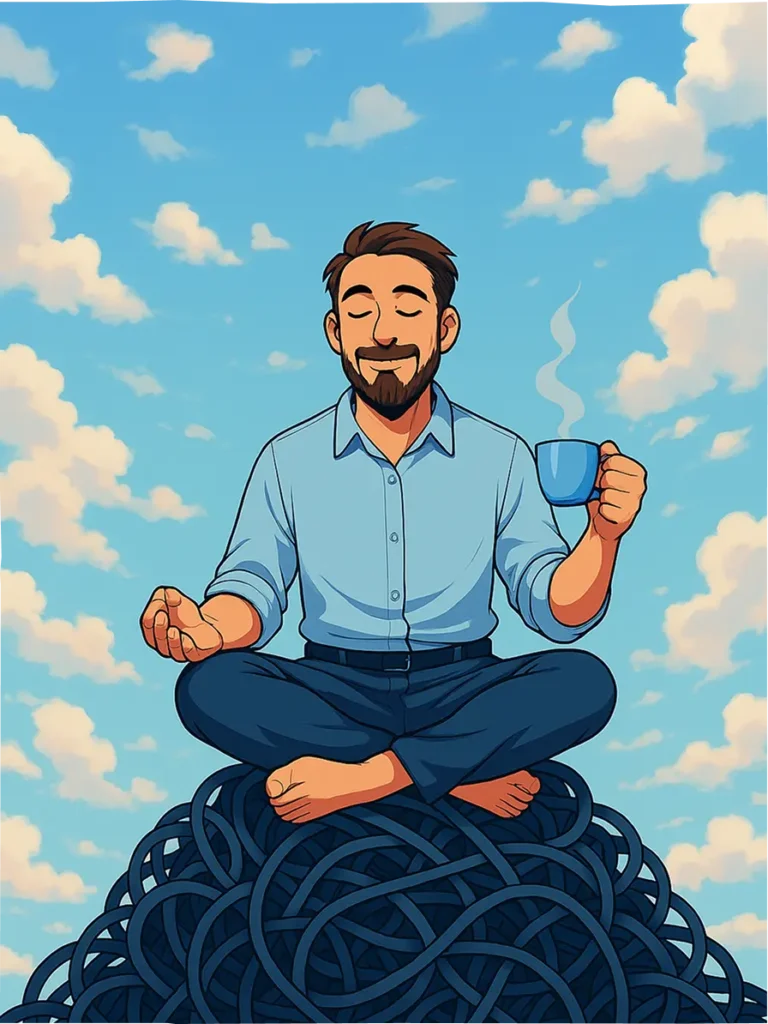 illustration of a man sitting in a meditative pose with a cup of coffee in one hand