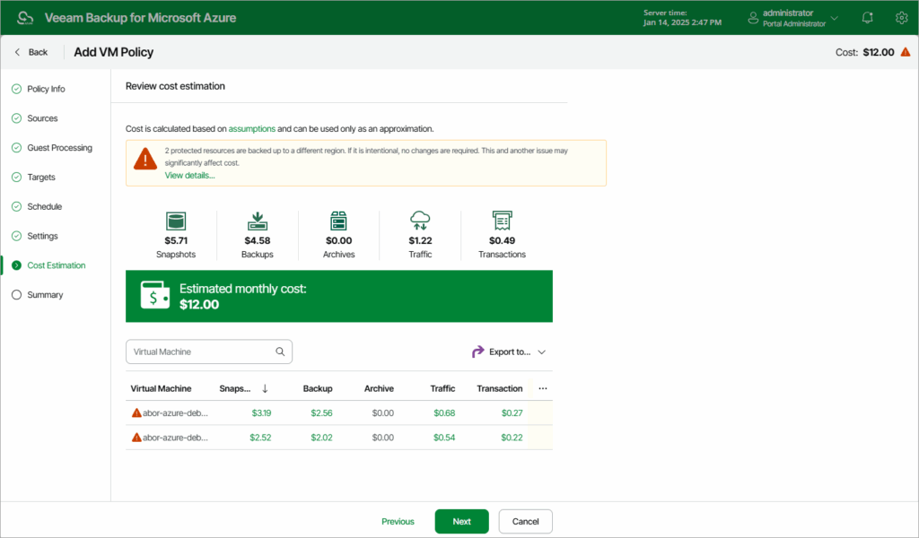 veeam price estimation screenshot