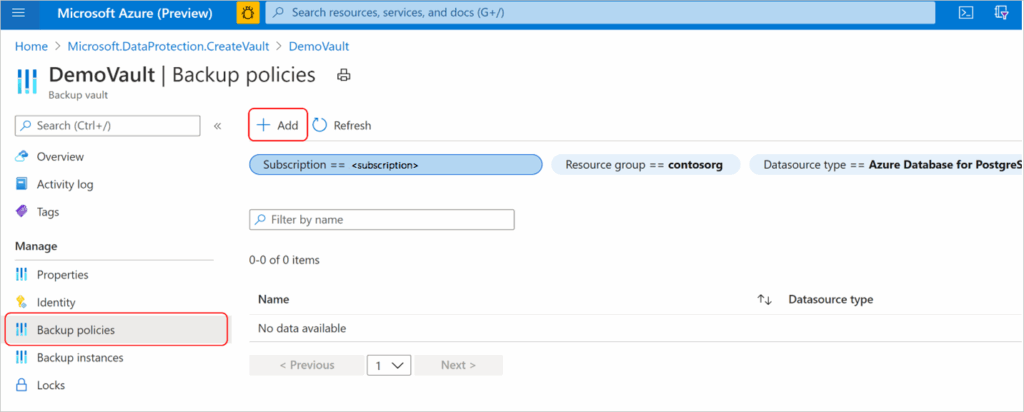 Azure Backup Policies screenshot