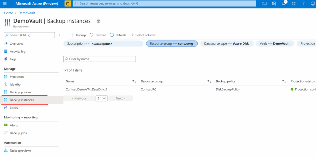 Select a backup instance screenshot