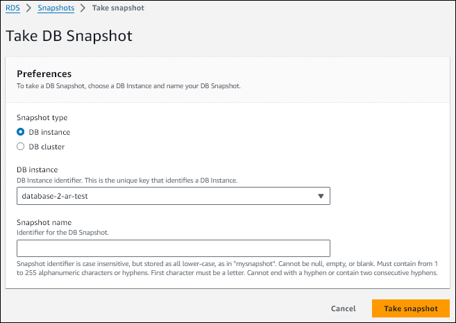 Screenshot showing taking a snapshot of an RDS database