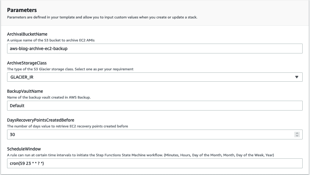 backup parameters screen