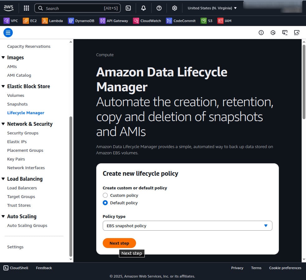 screenshot of Amazon Data Lifecycle Manager screen to create a new lifecycle policy
