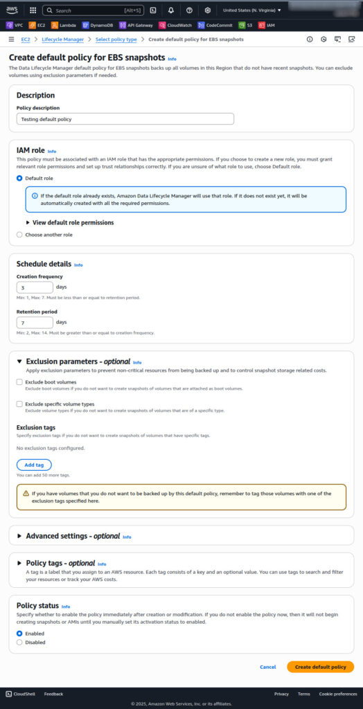 screenshot showing IAM role selection for default policy setup