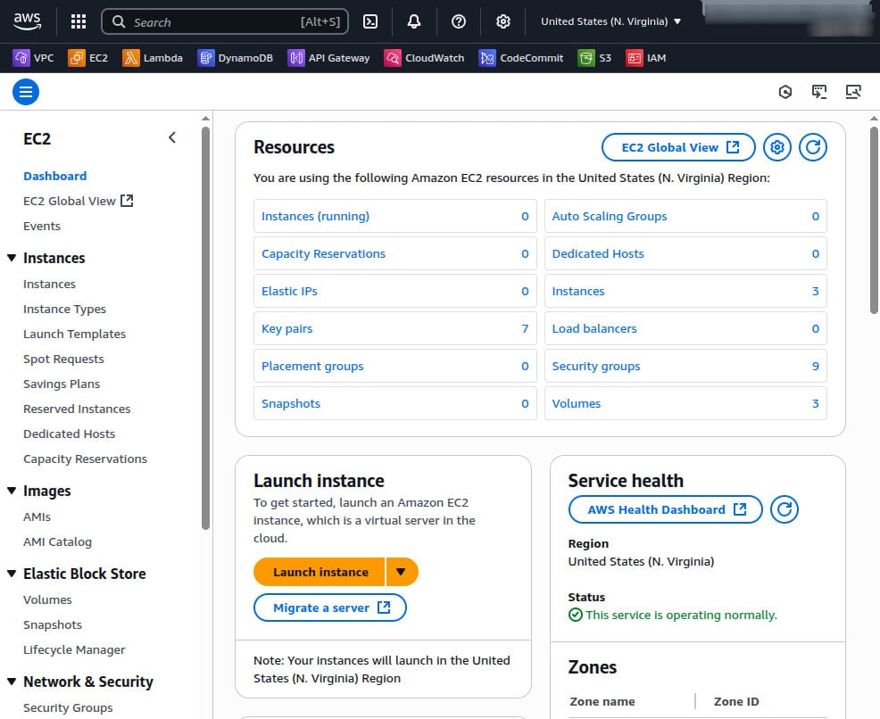 screenshot showing Amazon EC2 resources screen