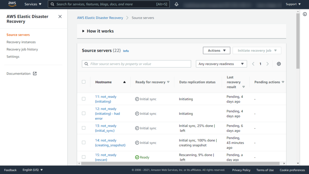 screenshot of AWS Elastic Disaster Recovery