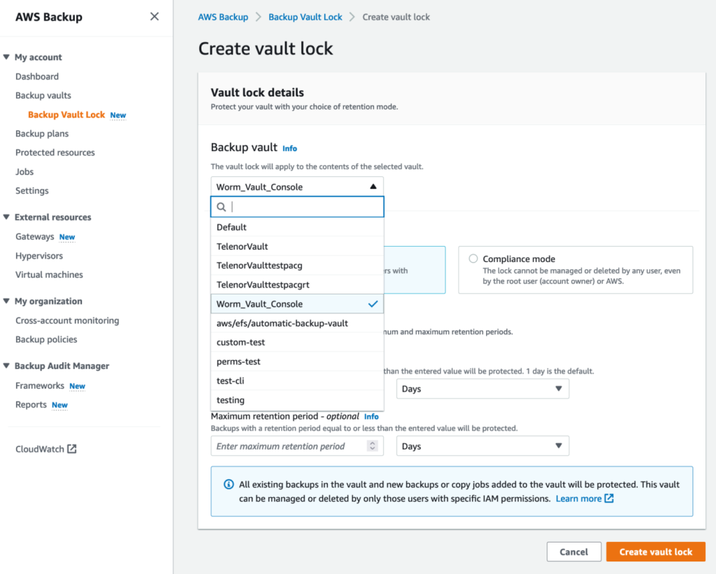 screenshot of AWS Vault Lock