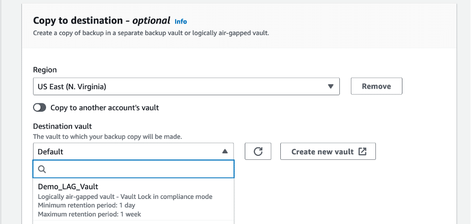 screenshot of AWS copy to destination option