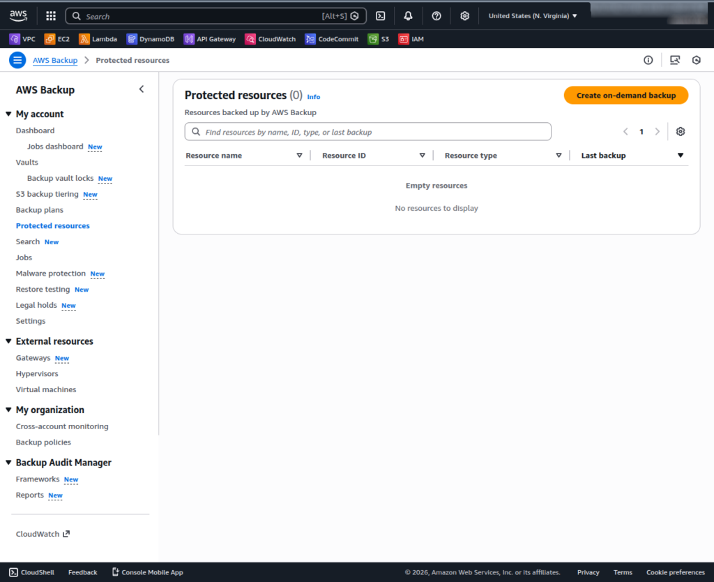 aws backup screen to create an on-demand backup
