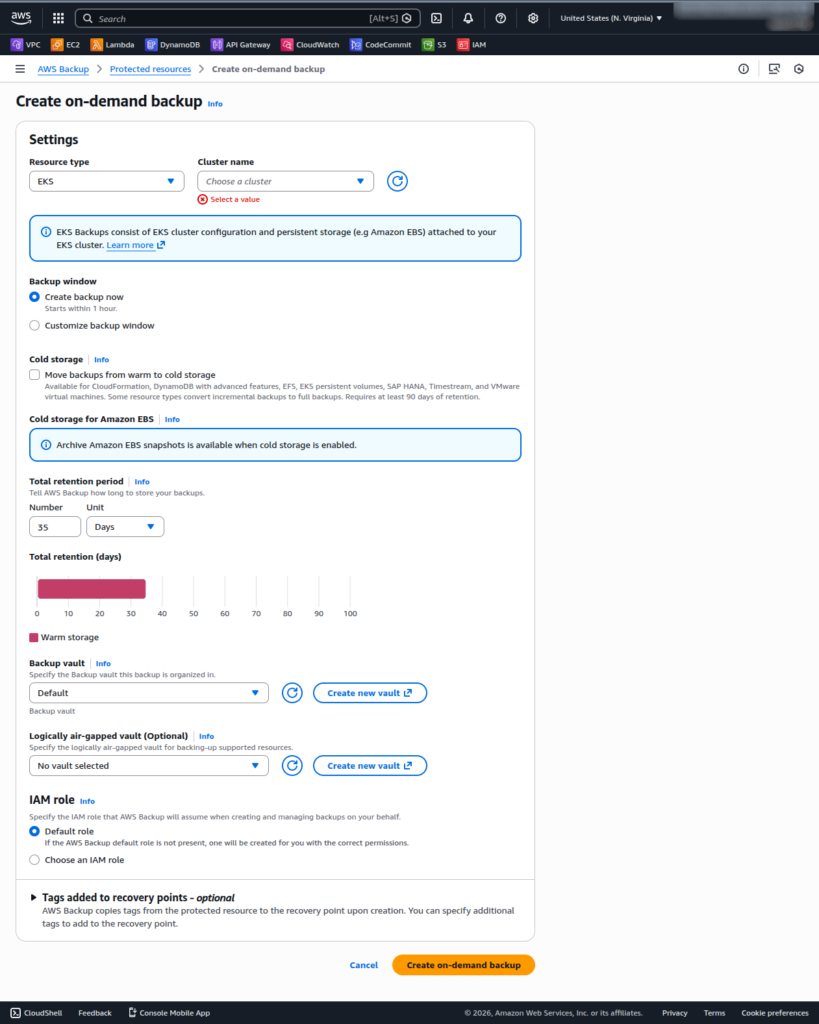 aws on-demand backup screen for EKS